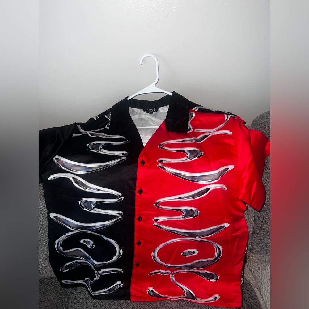 Black and Red Casual Button Down Shirt with Retro Design